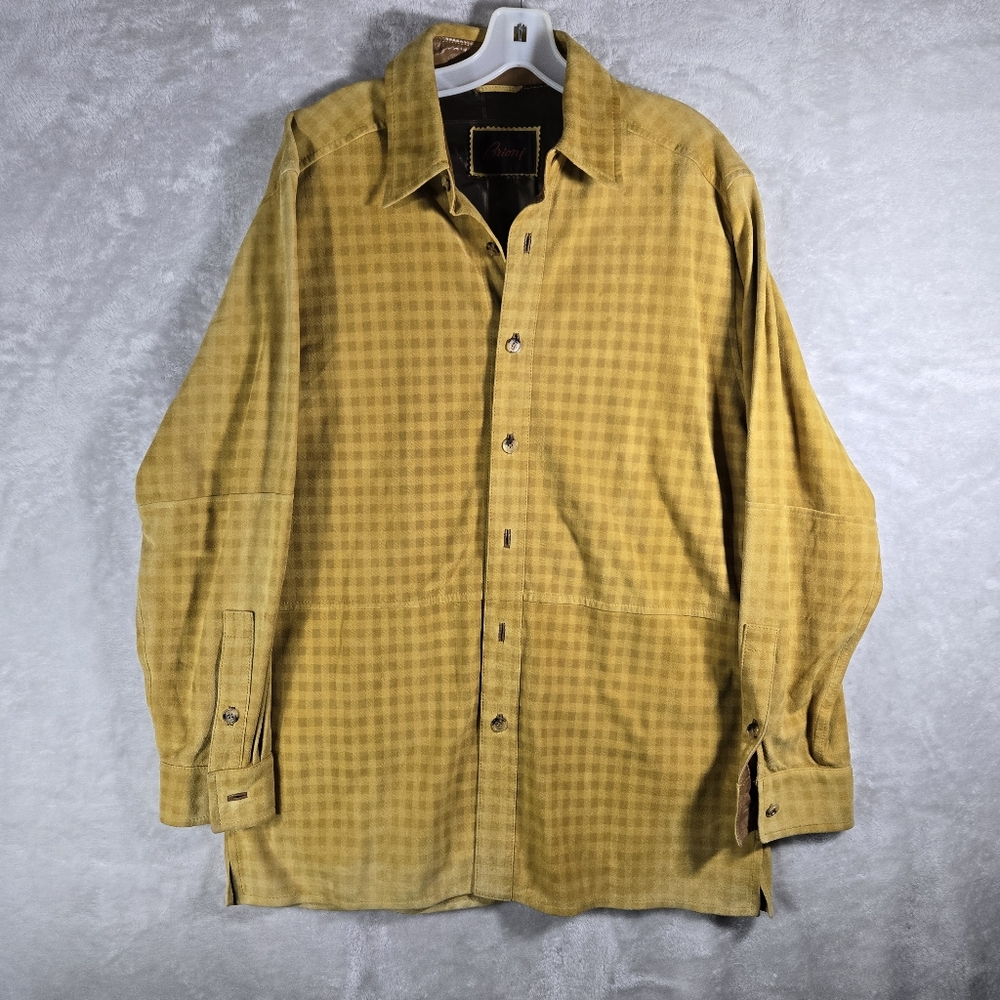 Brioni Suede Leather Checkered Button Up Shirt Jacket Mens Size Large L  Shacket